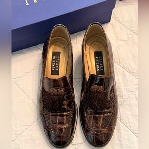 Stuart Weitzman Brown Patent Croc Embossed Tassel Loafers Size 8